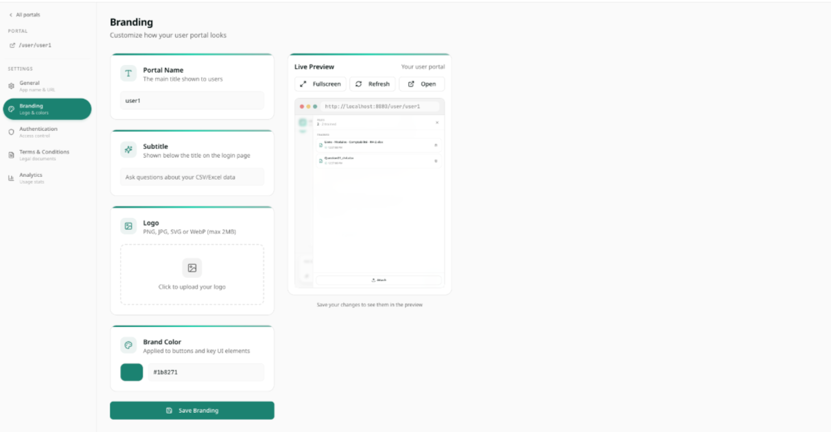 Administrator view — branding settings for the white-label portal